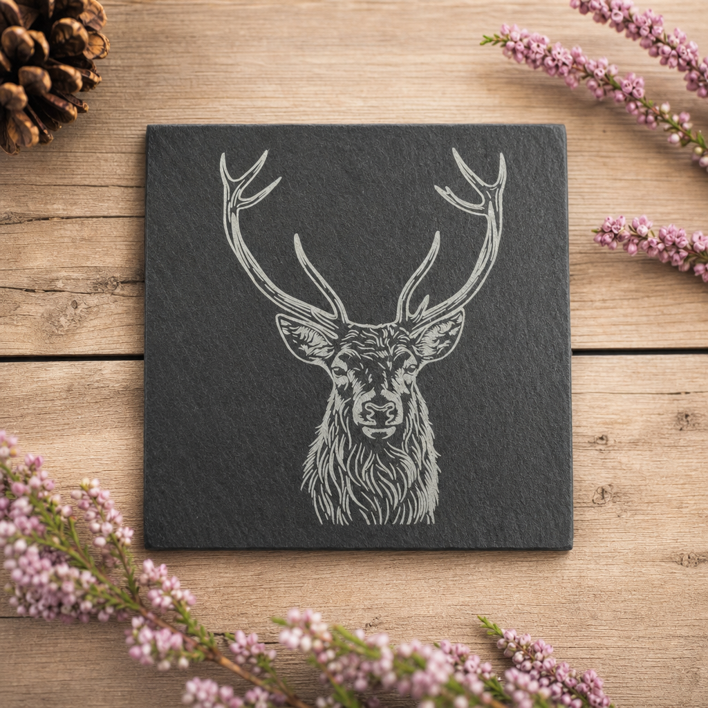 Personalised Highland Stag Slate Coaster – Rustic Scottish Gift