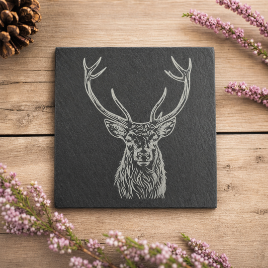 Personalised Highland Stag Slate Coaster – Rustic Scottish Gift