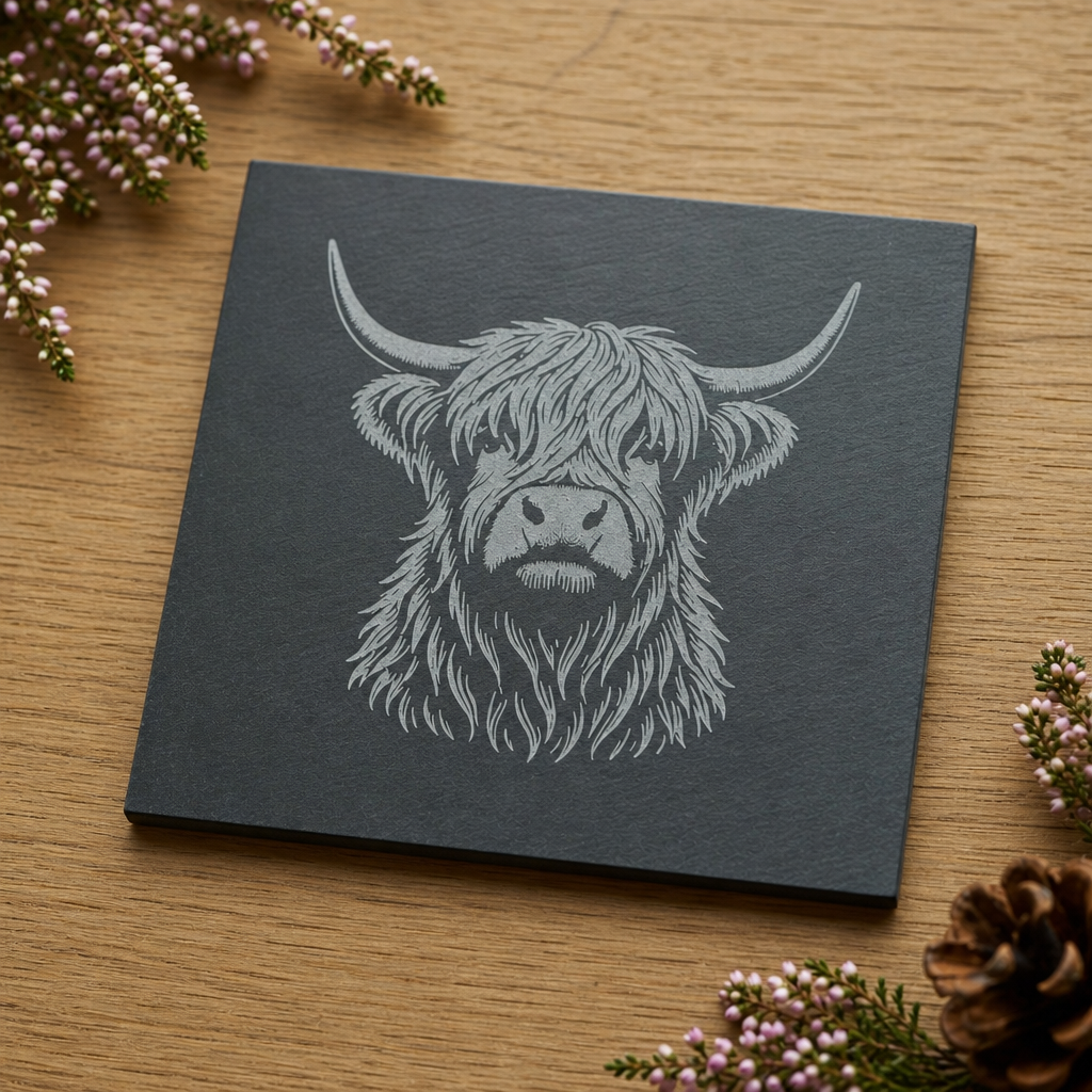Personalised Highland Cow Slate Coaster – Scottish Gift for Home