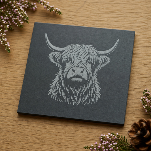 Personalised Highland Cow Slate Coaster – Scottish Gift for Home