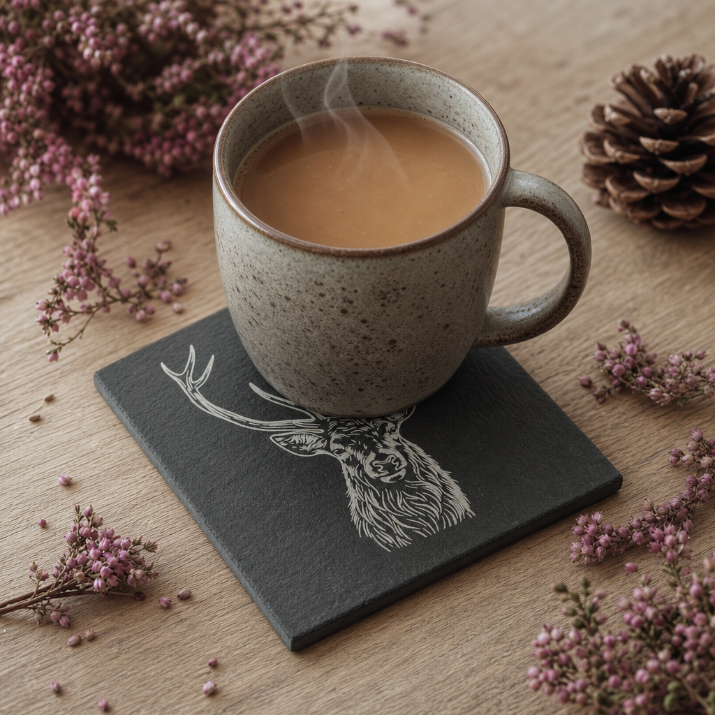 Personalised Highland Stag Slate Coaster – Rustic Scottish Gift